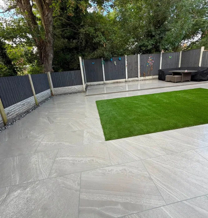 Long porcelain patio walkway alongside house